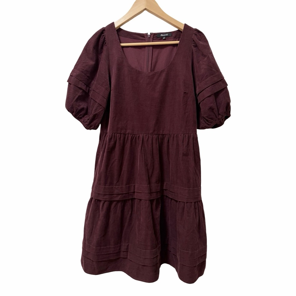 Madewell Amalia Tiered Puff Sleeve Corduroy Mini Dress Size S Cabernet Red‎